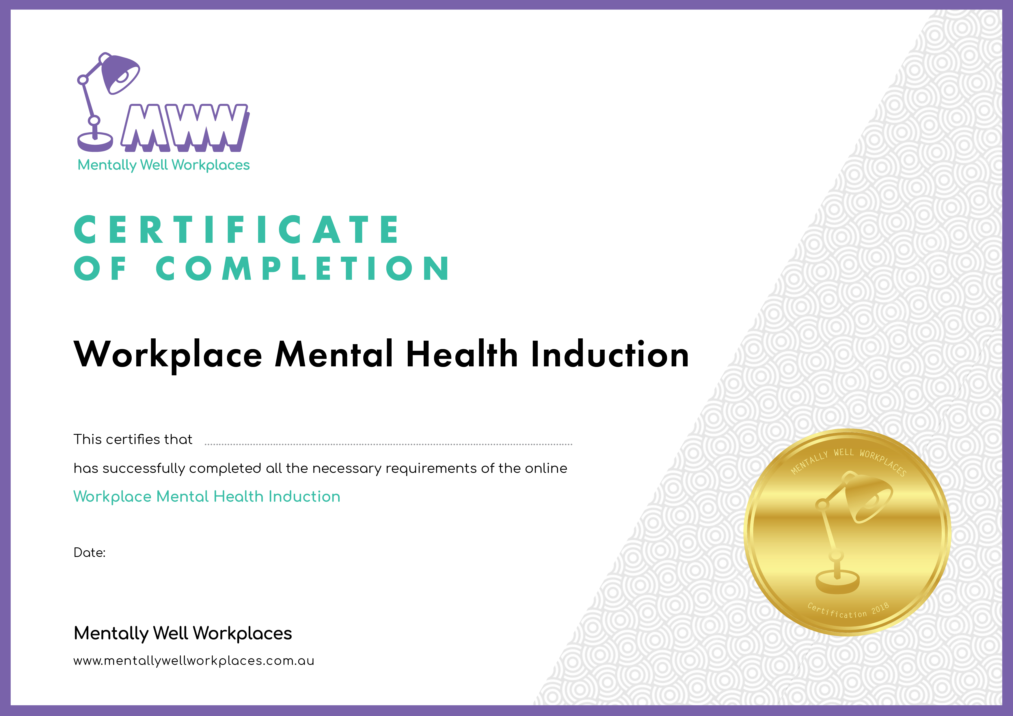 certificate of completion mentally health induction
